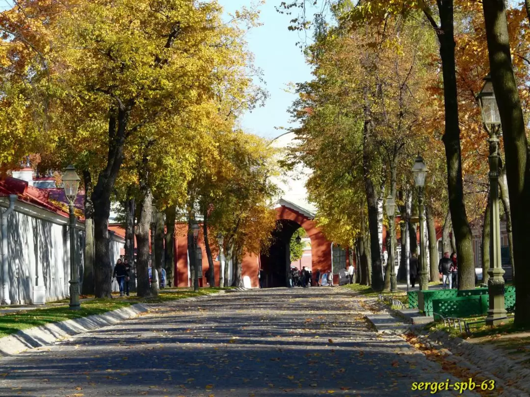 Улица и деревья в золоте в Петропавловской крепости